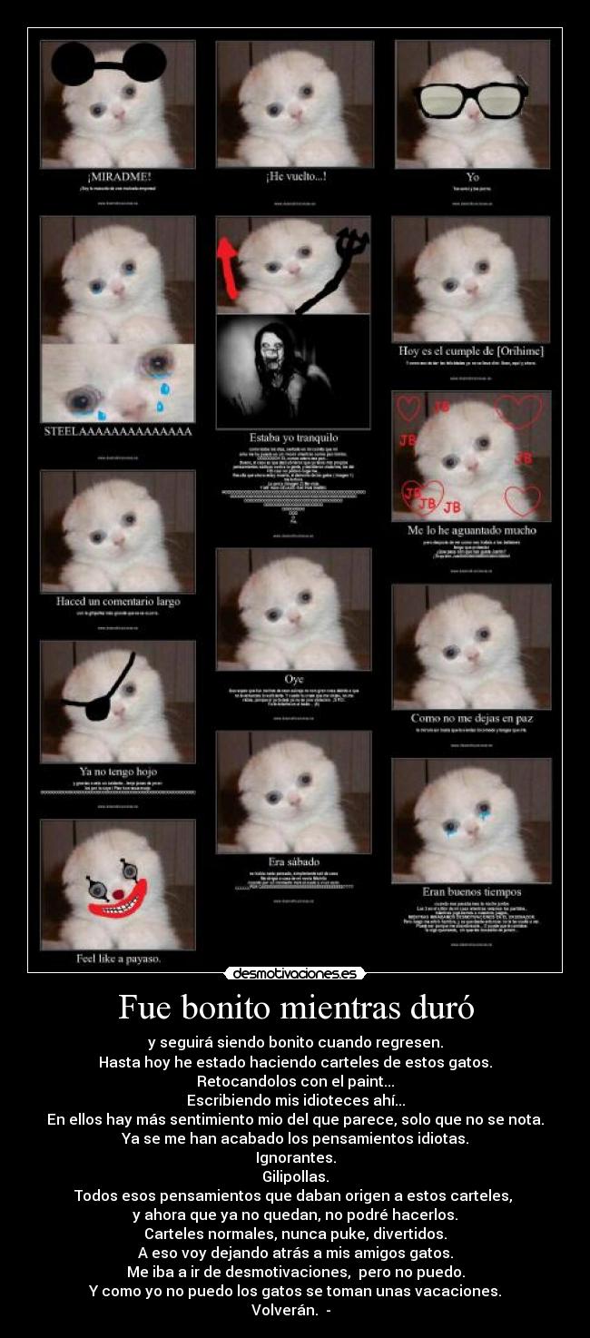 Fue bonito mientras duró - y seguirá siendo bonito cuando regresen.
Hasta hoy he estado haciendo carteles de estos gatos.
Retocandolos con el paint...
Escribiendo mis idioteces ahí...
En ellos hay más sentimiento mio del que parece, solo que no se nota.
Ya se me han acabado los pensamientos idiotas.
Ignorantes.
Gilipollas.
Todos esos pensamientos que daban origen a estos carteles, 
y ahora que ya no quedan, no podré hacerlos.
Carteles normales, nunca puke, divertidos.
A eso voy dejando atrás a mis amigos gatos.
Me iba a ir de desmotivaciones,  pero no puedo.
Y como yo no puedo los gatos se toman unas vacaciones.
Volverán. ◕-◕ 