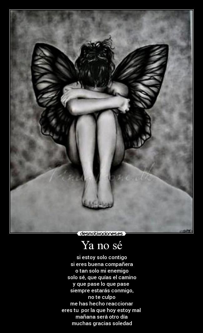 Ya no sé - si estoy solo contigo
si eres buena compañera
o tan solo mi enemigo
solo sé, que quías el camino
y que pase lo que pase
siempre estarás conmigo,
no te culpo
me has hecho reaccionar
eres tu por la que hoy estoy mal
mañana será otro día
muchas gracias soledad