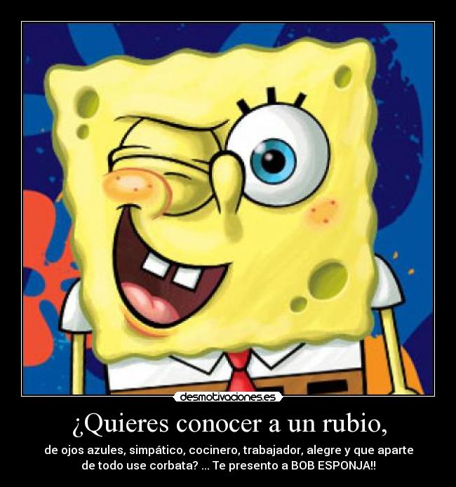 ¿Quieres conocer a un rubio, - de ojos azules, simpático, cocinero, trabajador, alegre y que aparte
de todo use corbata? ... Te presento a BOB ESPONJA!!