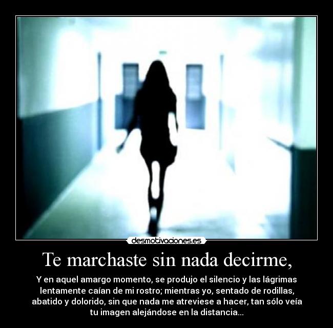 Te marchaste sin nada decirme, - Y en aquel amargo momento, se produjo el silencio y las lágrimas
lentamente caían de mi rostro; mientras yo, sentado de rodillas,
abatido y dolorido, sin que nada me atreviese a hacer, tan sólo veía
tu imagen alejándose en la distancia...