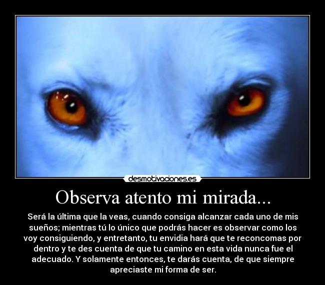 Observa atento mi mirada... - Será la última que la veas, cuando consiga alcanzar cada uno de mis
sueños; mientras tú lo único que podrás hacer es observar como los
voy consiguiendo, y entretanto, tu envidia hará que te reconcomas por
dentro y te des cuenta de que tu camino en esta vida nunca fue el
adecuado. Y solamente entonces, te darás cuenta, de que siempre
apreciaste mi forma de ser.