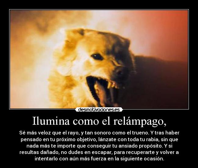 Ilumina como el relámpago, - Sé más veloz que el rayo, y tan sonoro como el trueno. Y tras haber
pensado en tu próximo objetivo, lánzate con toda tu rabia, sin que
nada más te importe que conseguir tu ansiado propósito. Y si
resultas dañado, no dudes en escapar, para recuperarte y volver a
intentarlo con aún más fuerza en la siguiente ocasión.