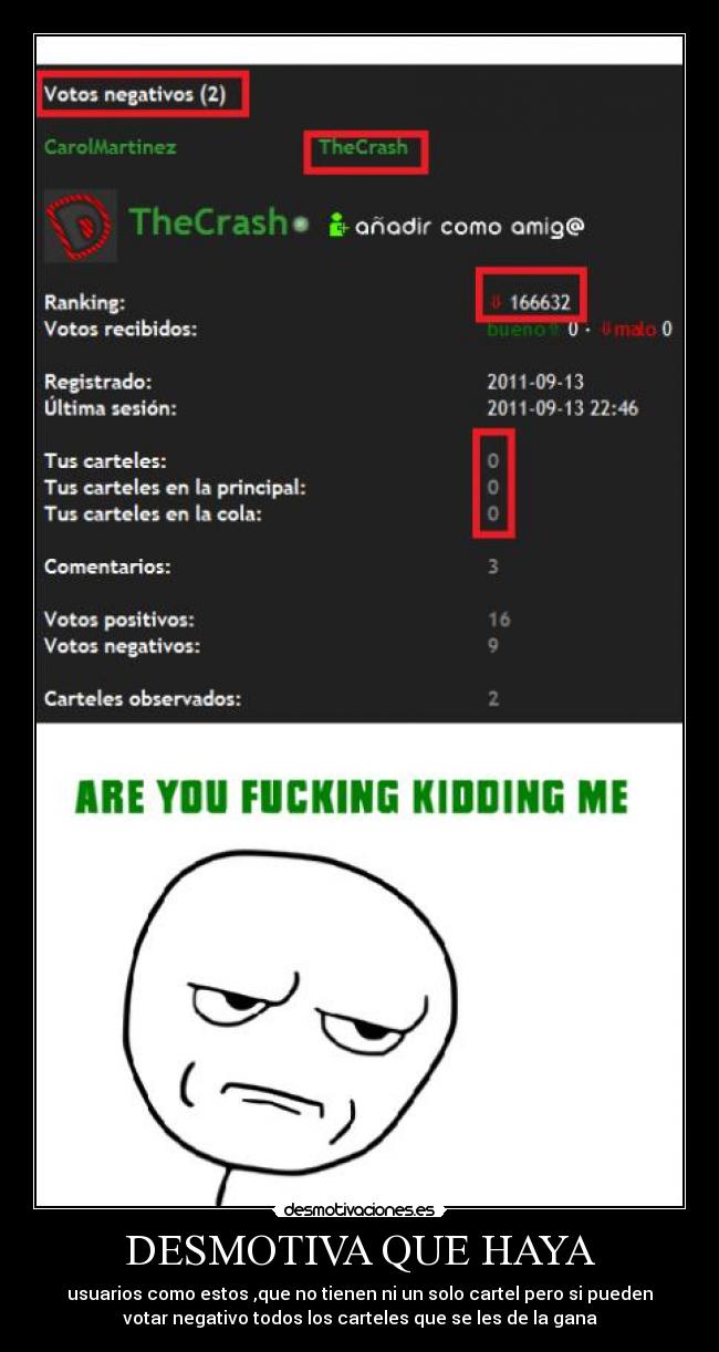 DESMOTIVA QUE HAYA - usuarios como estos ,que no tienen ni un solo cartel pero si pueden
votar negativo todos los carteles que se les de la gana