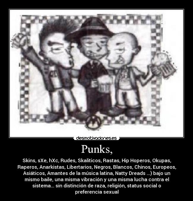 Punks, - Skins, sXe, hXc, Rudes, Skaliticos, Rastas, Hip Hoperos, Okupas,
Raperos, Anarkistas, Libertarios, Negros, Blancos, Chinos, Europeos,
Asiáticos, Amantes de la música latina, Natty Dreads ...) bajo un
mismo baile, una misma vibración y una misma lucha contra el
sistema... sin distinción de raza, religión, status social o
preferencia sexual