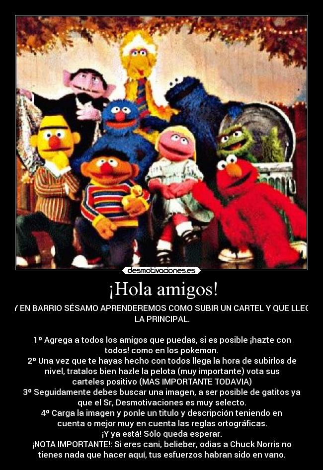 ¡Hola amigos! - HOY EN BARRIO SÉSAMO APRENDEREMOS COMO SUBIR UN CARTEL Y QUE LLEGE A
LA PRINCIPAL.
1º Agrega a todos los amigos que puedas, si es posible ¡hazte con
todos! como en los pokemon.
2º Una vez que te hayas hecho con todos llega la hora de subirlos de
nivel, tratalos bien hazle la pelota (muy importante) vota sus
carteles positivo (MAS IMPORTANTE TODAVIA)
3º Seguidamente debes buscar una imagen, a ser posible de gatitos ya
que el Sr, Desmotivaciones es muy selecto.
4º Carga la imagen y ponle un titulo y descripción teniendo en
cuenta o mejor muy en cuenta las reglas ortográficas.
¡Y ya está! Sólo queda esperar.
¡NOTA IMPORTANTE!: Si eres cani, belieber, odias a Chuck Norris no
tienes nada que hacer aquí, tus esfuerzos habran sido en vano.