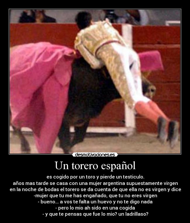 Un torero español - es cogido por un toro y pierde un testiculo.
años mas tarde se casa con una mujer argentina supuestamente virgen
en la noche de bodas el torero se da cuenta de que ella no es virgen y dice
-mujer que tu me has engañado, que tu no eres virgen
- bueno... a vos te falta un huevo y no te digo nada
- pero lo mio ah sido en una cogida
- y que te pensas que fue lo mio? un ladrillaso?