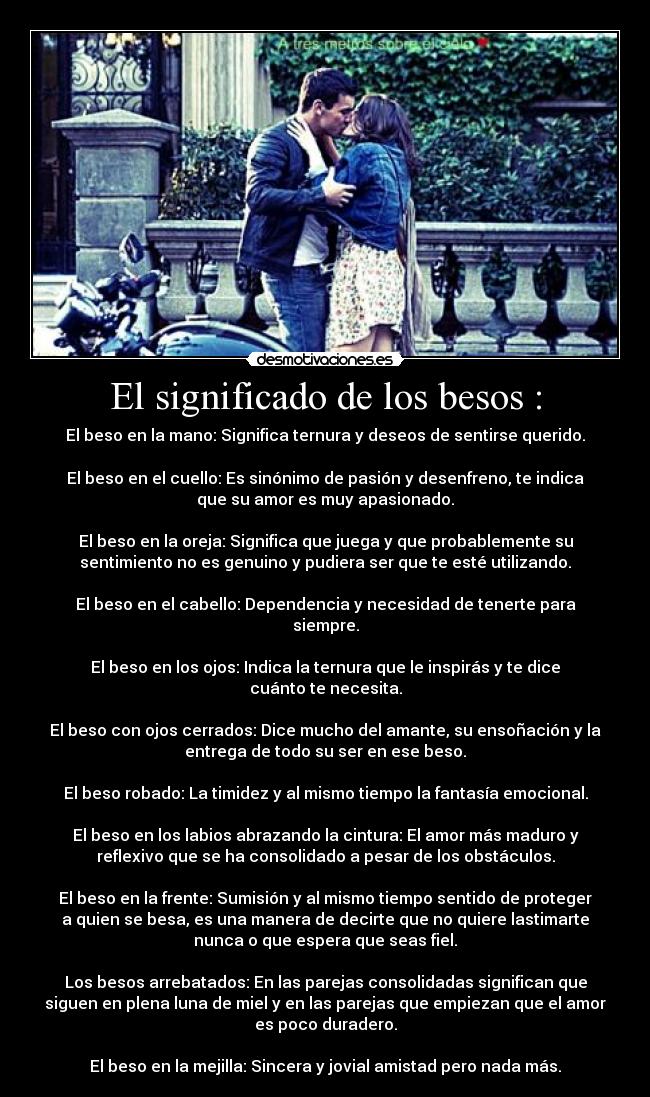 El significado de los besos : - El beso en la mano: Significa ternura y deseos de sentirse querido.

El beso en el cuello: Es sinónimo de pasión y desenfreno, te indica
que su amor es muy apasionado.

El beso en la oreja: Significa que juega y que probablemente su
sentimiento no es genuino y pudiera ser que te esté utilizando.

El beso en el cabello: Dependencia y necesidad de tenerte para
siempre.

El beso en los ojos: Indica la ternura que le inspirás y te dice
cuánto te necesita.

El beso con ojos cerrados: Dice mucho del amante, su ensoñación y la
entrega de todo su ser en ese beso.

El beso robado: La timidez y al mismo tiempo la fantasía emocional.

El beso en los labios abrazando la cintura: El amor más maduro y
reflexivo que se ha consolidado a pesar de los obstáculos.

El beso en la frente: Sumisión y al mismo tiempo sentido de proteger
a quien se besa, es una manera de decirte que no quiere lastimarte
nunca o que espera que seas fiel.

Los besos arrebatados: En las parejas consolidadas significan que
siguen en plena luna de miel y en las parejas que empiezan que el amor
es poco duradero.

El beso en la mejilla: Sincera y jovial amistad pero nada más.