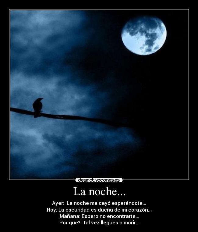 La noche... - Ayer: La noche me cayó esperándote...
Hoy: La oscuridad es dueña de mi corazón...
Mañana: Espero no encontrarte...
Por que?: Tal vez llegues a morir...