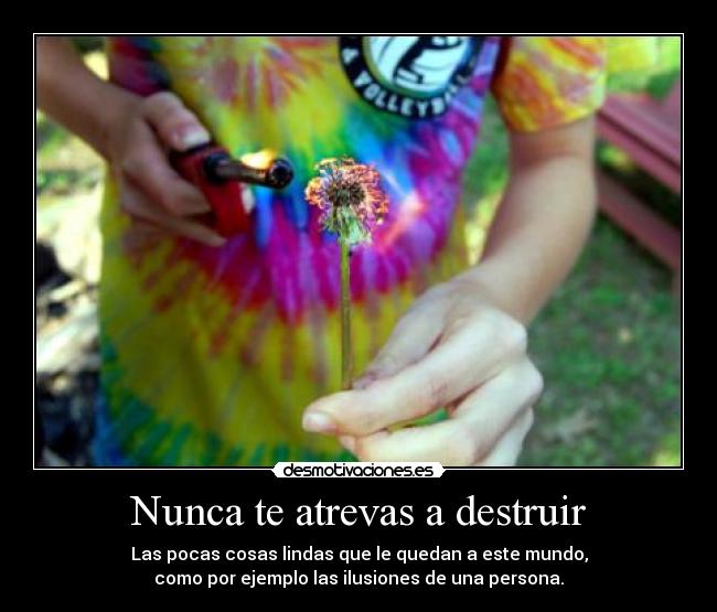 Nunca te atrevas a destruir - Las pocas cosas lindas que le quedan a este mundo,
como por ejemplo las ilusiones de una persona.