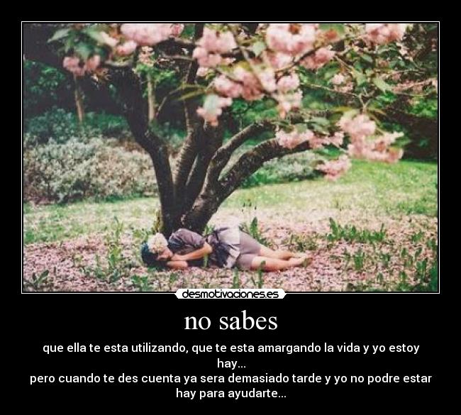no sabes - que ella te esta utilizando, que te esta amargando la vida y yo estoy
hay...
pero cuando te des cuenta ya sera demasiado tarde y yo no podre estar
hay para ayudarte...