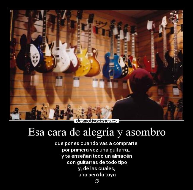 Esa cara de alegría y asombro - que pones cuando vas a comprarte
por primera vez una guitarra...
y te enseñan todo un almacén
con guitarras de todo tipo
y, de las cuales,
una será la tuya
:3