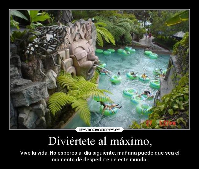 Diviértete al máximo, - Vive la vida. No esperes al día siguiente, mañana puede que sea el
momento de despedirte de este mundo.