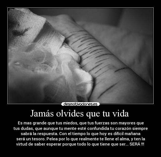 Jamás olvides que tu vida  - Es mas grande que tus miedos, que tus fuerzas son mayores que
tus dudas, que aunque tu mente esté confundida tu corazón siempre
sabrá la respuesta. Con el tiempo lo que hoy es difícil mañana
será un tesoro. Pelea por lo que realmente te llene el alma, y ten la
virtud de saber esperar porque todo lo que tiene que ser... SERÁ !!! 
         