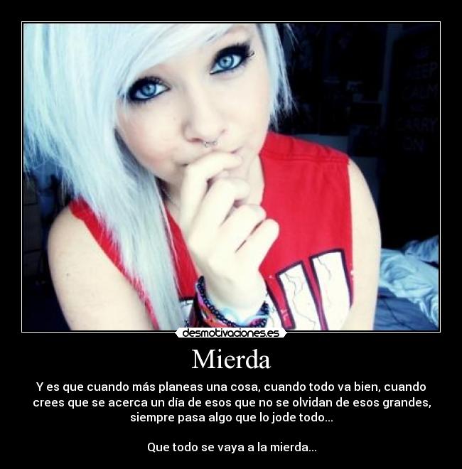 Mierda - Y es que cuando más planeas una cosa, cuando todo va bien, cuando
crees que se acerca un día de esos que no se olvidan de esos grandes,
siempre pasa algo que lo jode todo...

Que todo se vaya a la mierda...