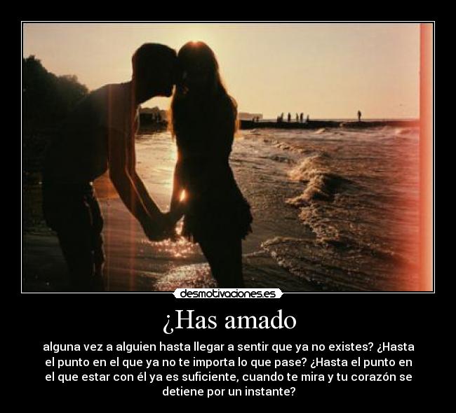 ¿Has amado - alguna vez a alguien hasta llegar a sentir que ya no existes? ¿Hasta
el punto en el que ya no te importa lo que pase? ¿Hasta el punto en
el que estar con él ya es suficiente, cuando te mira y tu corazón se
detiene por un instante?