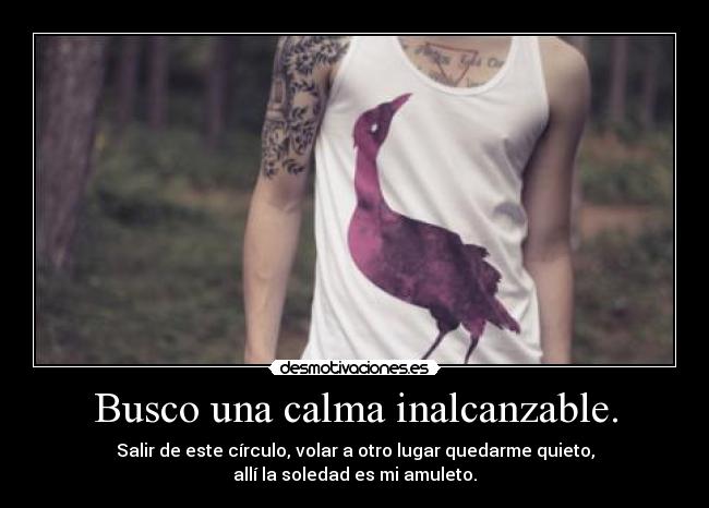Busco una calma inalcanzable. - Salir de este círculo, volar a otro lugar quedarme quieto,
allí la soledad es mi amuleto.