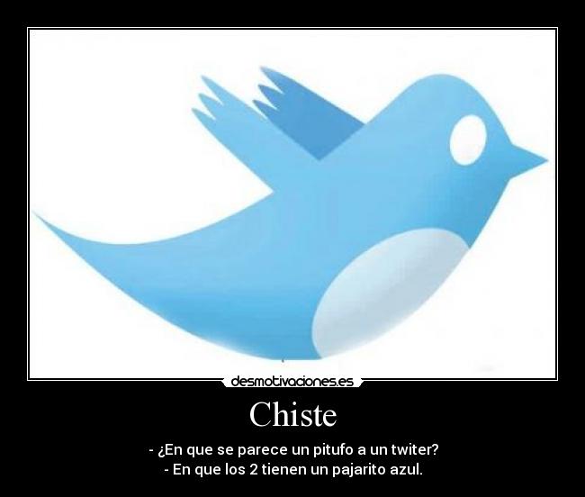 Chiste - - ¿En que se parece un pitufo a un twiter?
- En que los 2 tienen un pajarito azul.