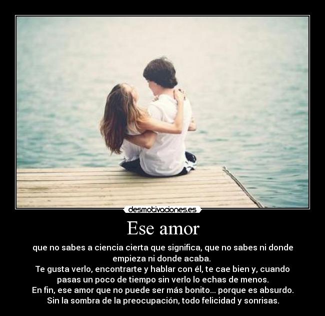 Ese amor - que no sabes a ciencia cierta que significa, que no sabes ni donde
empieza ni donde acaba. 
Te gusta verlo, encontrarte y hablar con él, te cae bien y, cuando
pasas un poco de tiempo sin verlo lo echas de menos.
En fin, ese amor que no puede ser más bonito... porque es absurdo.
Sin la sombra de la preocupación, todo felicidad y sonrisas.