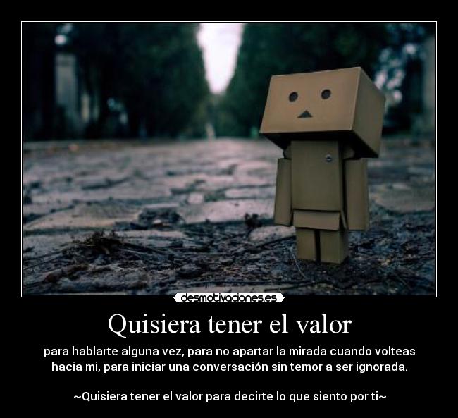 Quisiera tener el valor - para hablarte alguna vez, para no apartar la mirada cuando volteas
hacia mi, para iniciar una conversación sin temor a ser ignorada.

~Quisiera tener el valor para decirte lo que siento por ti~