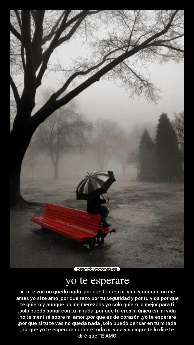 yo te esperare - si tu te vas no queda nada ,por que tu eres mi vida y aunque no me
ames yo si te amo ,por que rezo por tu seguridad y por tu vida por que
te quiero y aunque no me merezcas yo solo quiero lo mejor para ti
,solo puedo soñar con tu mirada ,por que tu eres la única en mi vida
,no te mentiré sobre mi amor ,por que es de corazón ,yo te esperare
,por que si tu te vas no queda nada ,solo puedo pensar en tu mirada
,porque yo te esperare durante toda mi vida y siempre te lo diré te
diré que TE AMO