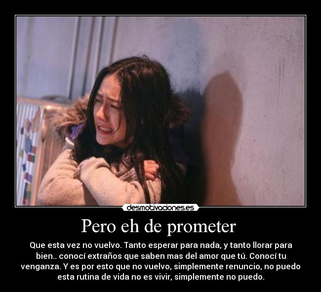 Pero eh de prometer - Que esta vez no vuelvo. Tanto esperar para nada, y tanto llorar para
bien.. conocí extraños que saben mas del amor que tú. Conocí tu
venganza. Y es por esto que no vuelvo, simplemente renuncio, no puedo
esta rutina de vida no es vivir, simplemente no puedo.