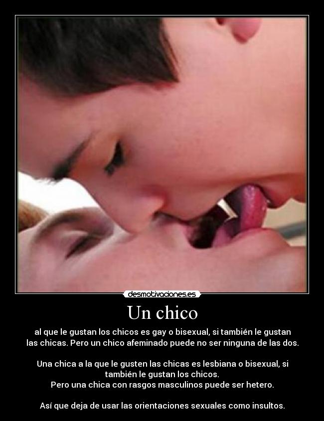 Un chico - al que le gustan los chicos es gay o bisexual, si también le gustan
las chicas. Pero un chico afeminado puede no ser ninguna de las dos.

Una chica a la que le gusten las chicas es lesbiana o bisexual, si
también le gustan los chicos.
Pero una chica con rasgos masculinos puede ser hetero.

Así que deja de usar las orientaciones sexuales como insultos.