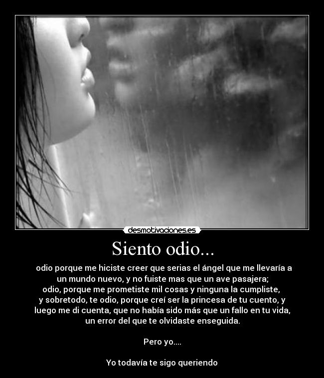 Siento odio... - odio porque me hiciste creer que serias el ángel que me llevaría a
un mundo nuevo, y no fuiste mas que un ave pasajera;
odio, porque me prometiste mil cosas y ninguna la cumpliste,
y sobretodo, te odio, porque creí ser la princesa de tu cuento, y
luego me di cuenta, que no había sido más que un fallo en tu vida,
un error del que te olvidaste enseguida.
Pero yo....
Yo todavía te sigo queriendo
