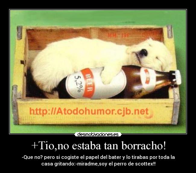 +Tio,no estaba tan borracho! - -Que no? pero si cogiste el papel del bater y lo tirabas por toda la
casa gritando:-miradme,soy el perro de scottex!!