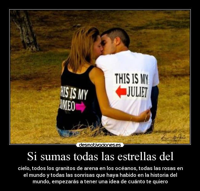 Si sumas todas las estrellas del - cielo, todos los granitos de arena en los océanos, todas las rosas en
el mundo y todas las sonrisas que haya habido en la historia del
mundo, empezarás a tener una idea de cuánto te quiero