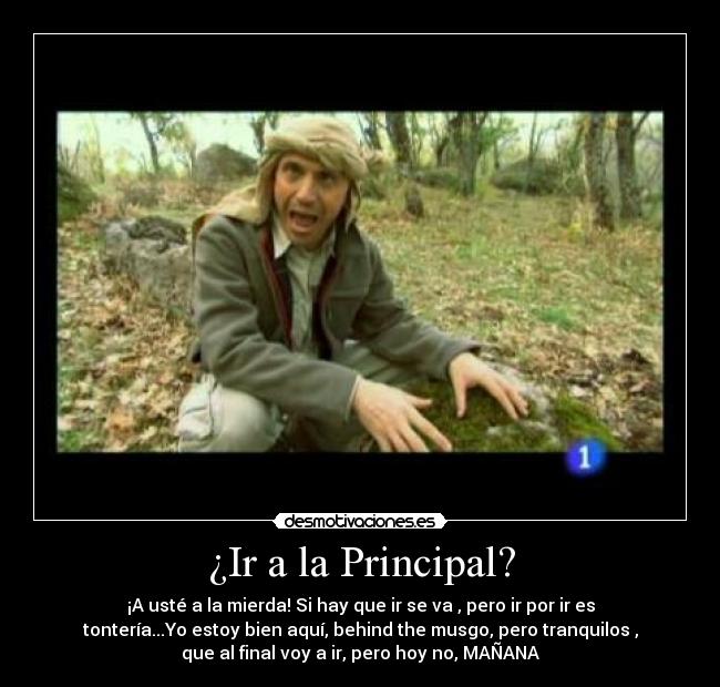 ¿Ir a la Principal? - ¡A usté a la mierda! Si hay que ir se va , pero ir por ir es
tontería...Yo estoy bien aquí, behind the musgo, pero tranquilos ,
que al final voy a ir, pero hoy no, MAÑANA