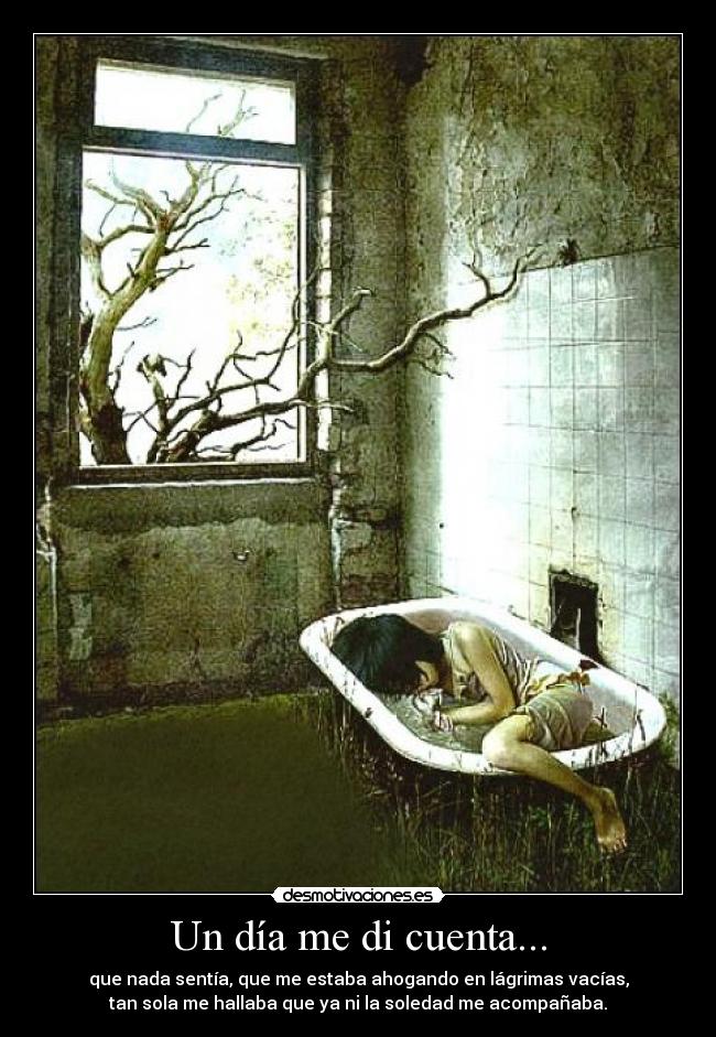 Un día me di cuenta... - que nada sentía, que me estaba ahogando en lágrimas vacías,
tan sola me hallaba que ya ni la soledad me acompañaba.
