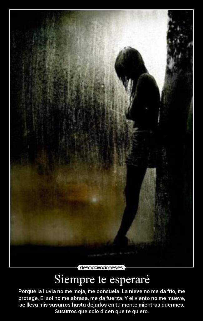 Siempre te esperaré - Porque la lluvia no me moja, me consuela. La nieve no me da frío, me
protege. El sol no me abrasa, me da fuerza. Y el viento no me mueve,
se lleva mis susurros hasta dejarlos en tu mente mientras duermes.
Susurros que solo dicen que te quiero.