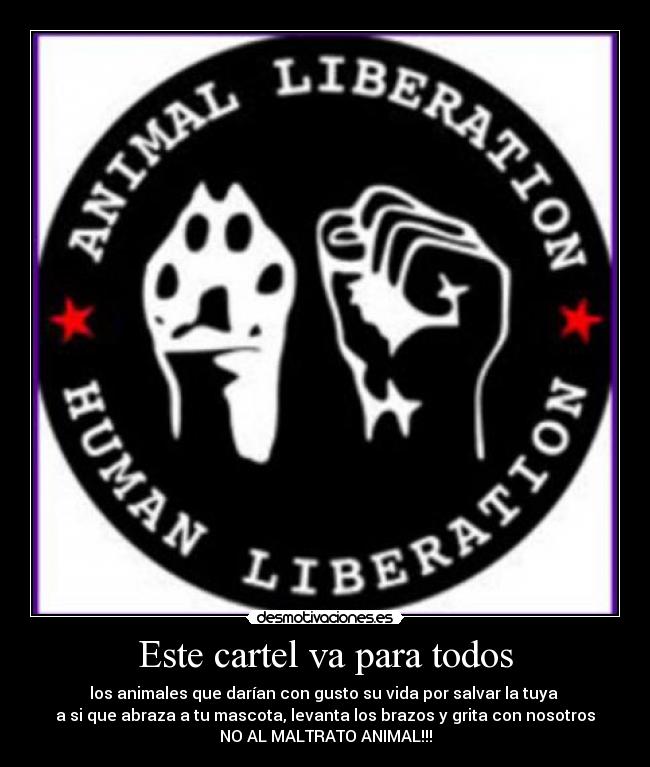 Este cartel va para todos - los animales que darían con gusto su vida por salvar la tuya
a si que abraza a tu mascota, levanta los brazos y grita con nosotros
NO AL MALTRATO ANIMAL!!!