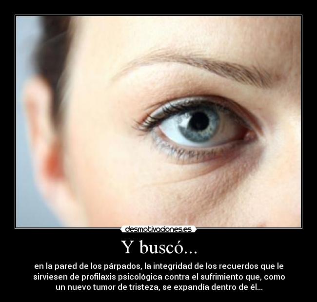 Y buscó... - en la pared de los párpados, la integridad de los recuerdos que le
sirviesen de profilaxis psicológica contra el sufrimiento que, como
un nuevo tumor de tristeza, se expandía dentro de él...