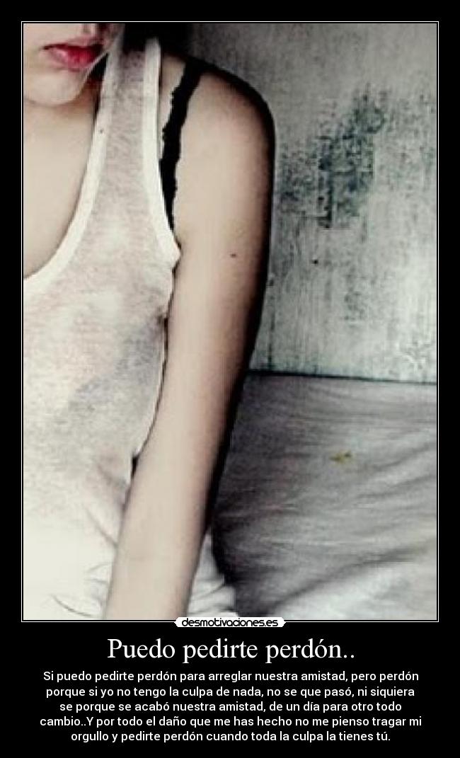 Puedo pedirte perdón.. - Si puedo pedirte perdón para arreglar nuestra amistad, pero perdón
porque si yo no tengo la culpa de nada, no se que pasó, ni siquiera
se porque se acabó nuestra amistad, de un día para otro todo
cambio..Y por todo el daño que me has hecho no me pienso tragar mi
orgullo y pedirte perdón cuando toda la culpa la tienes tú.