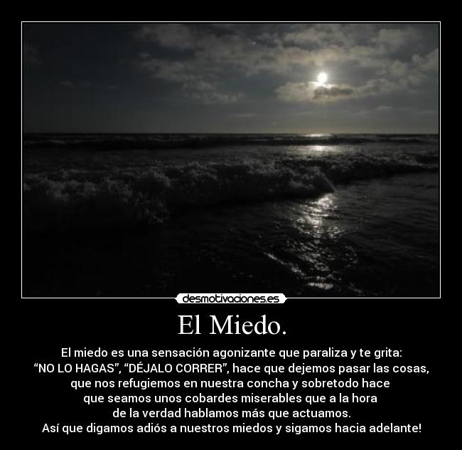 El Miedo. - El miedo es una sensación agonizante que paraliza y te grita:
“NO LO HAGAS”, “DÉJALO CORRER”, hace que dejemos pasar las cosas,
que nos refugiemos en nuestra concha y sobretodo hace 
que seamos unos cobardes miserables que a la hora 
de la verdad hablamos más que actuamos.
Así que digamos adiós a nuestros miedos y sigamos hacia adelante!