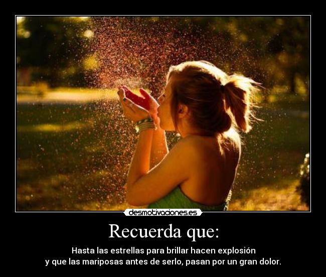 Recuerda que: - Hasta las estrellas para brillar hacen explosión
y que las mariposas antes de serlo, pasan por un gran dolor.