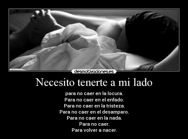 Necesito tenerte a mi lado - para no caer en la locura.
Para no caer en el enfado.
Para no caer en la tristeza.
Para no caer en el desamparo.
Para no caer en la nada.
Para no caer.
Para volver a nacer.