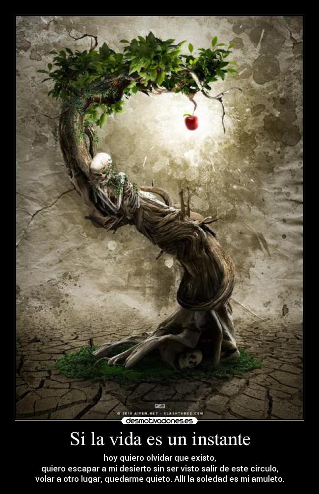 Si la vida es un instante - hoy quiero olvidar que existo,
quiero escapar a mi desierto sin ser visto salir de este circulo,
volar a otro lugar, quedarme quieto. Allí la soledad es mi amuleto.