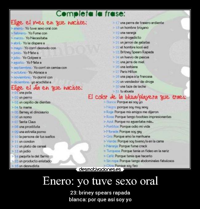 Enero: yo tuve sexo oral - 23: briney spears rapada
blanca: por que así soy yo