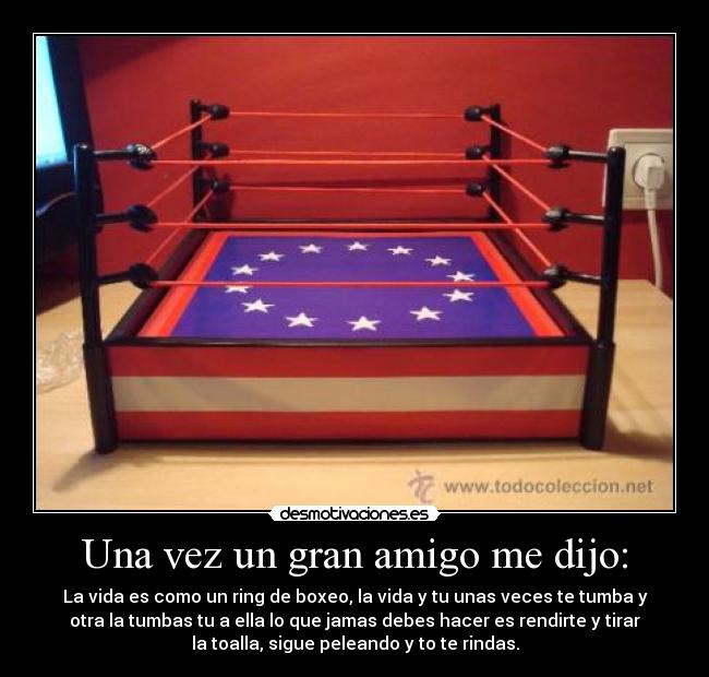 Una vez un gran amigo me dijo: - La vida es como un ring de boxeo, la vida y tu unas veces te tumba y
otra la tumbas tu a ella lo que jamas debes hacer es rendirte y tirar
la toalla, sigue peleando y to te rindas.