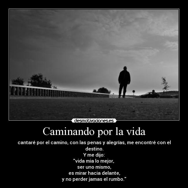 Caminando por la vida - cantaré por el camino, con las penas y alegrías, me encontré con el destino.
Y me dijo:
vida mia lo mejor, 
ser uno mismo,
es mirar hacia delante,
y no perder jamas el rumbo.