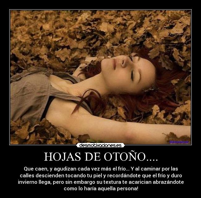 HOJAS DE OTOÑO.... - Que caen, y agudizan cada vez más el frío... Y al caminar por las
calles descienden tocando tu piel y recordándote que el frío y duro
invierno llega, pero sin embargo su textura te acarician abrazándote
como lo haría aquella persona!