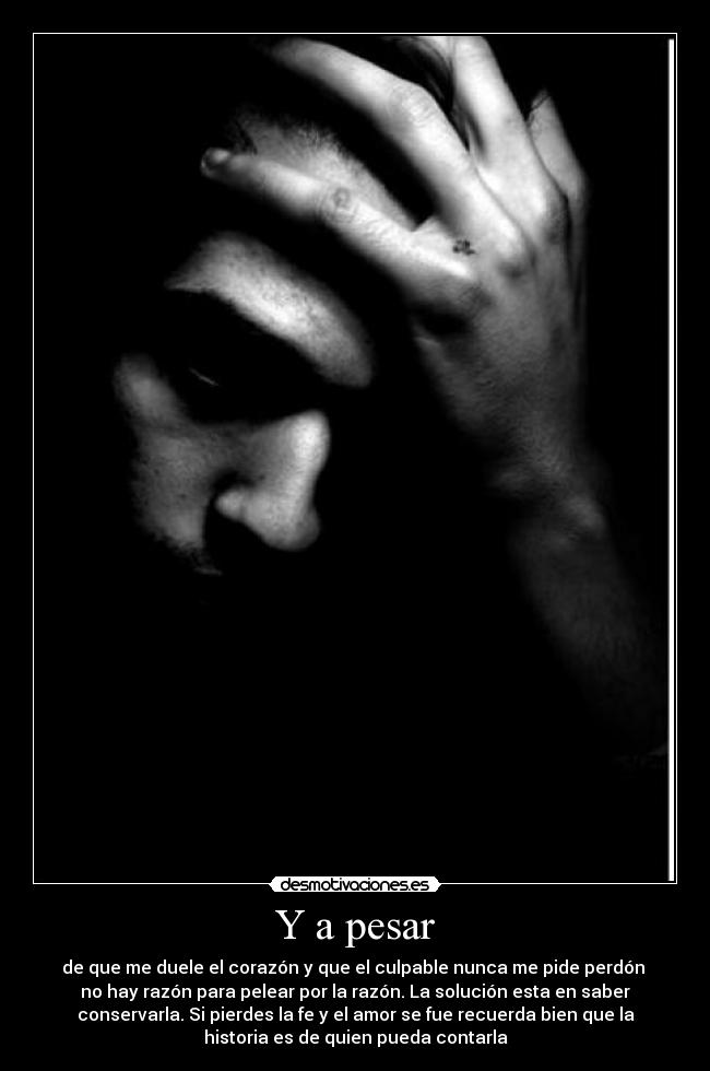 Y a pesar - de que me duele el corazón y que el culpable nunca me pide perdón
no hay razón para pelear por la razón. La solución esta en saber
conservarla. Si pierdes la fe y el amor se fue recuerda bien que la
historia es de quien pueda contarla