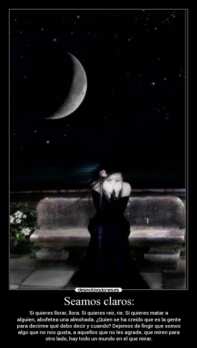 Seamos claros: - Si quieres llorar, llora. Si quieres reir, rie. Si quieres matar a
alguien, abofetea una almohada. ¿Quien se ha creido que es la gente
para decirme qué debo decir y cuando? Dejemos de fingir que somos
algo que no nos gusta, a aquellos que no les agrade, que miren para
otro lado, hay todo un mundo en el que mirar.