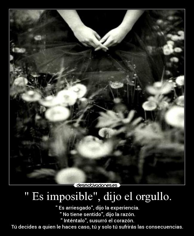 Es imposible, dijo el orgullo. - Es arriesgado, dijo la experiencia.
No tiene sentido, dijo la razón.
Inténtalo, susurró el corazón.
Tú decides a quien le haces caso, tú y solo tú sufrirás las consecuencias.