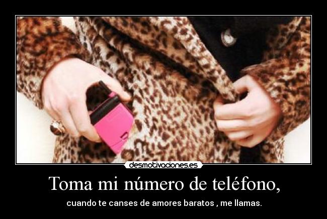 Toma mi número de teléfono, - cuando te canses de amores baratos , me llamas.