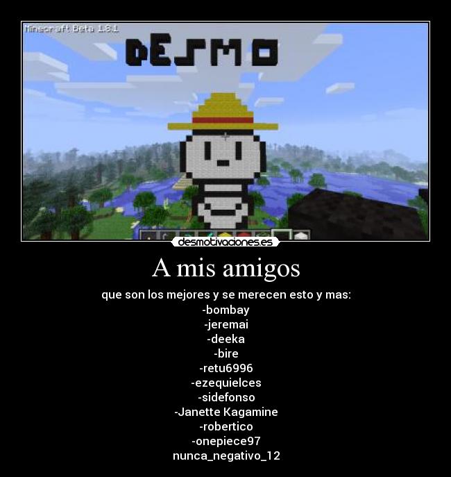 A mis amigos - que son los mejores y se merecen esto y mas:
-bombay
-jeremai
-deeka
-bire
-retu6996
-ezequielces
-sidefonso
-Janette Kagamine
-robertico
-onepiece97
nunca_negativo_12