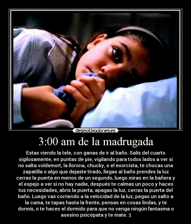 3:00 am de la madrugada - Estas viendo la tele, con ganas de ir al baño. Salís del cuarto
sigilosamente, en puntas de pie, vigilando para todos lados a ver si
no salta voldemort, la llorona, chucky, o el exorcista, te chocas una
zapatilla o algo que dejaste tirado, llegas al baño prendes la luz
cerras la puerta en menos de un segundo, luego miras en la bañera y
el espejo a ver si no hay nadie, después te calmas un poco y haces
tus necesidades, abrís la puerta, apagas la luz, cerras la puerta del
baño. Luego vas corriendo a la velocidad de la luz, pegas un salto a
la cama, te tapas hasta la frente, pensas en cosas lindas, y te
dormís, o te haces el dormido para que no venga ningún fantasma o
asesino psicópata y te mate. :|