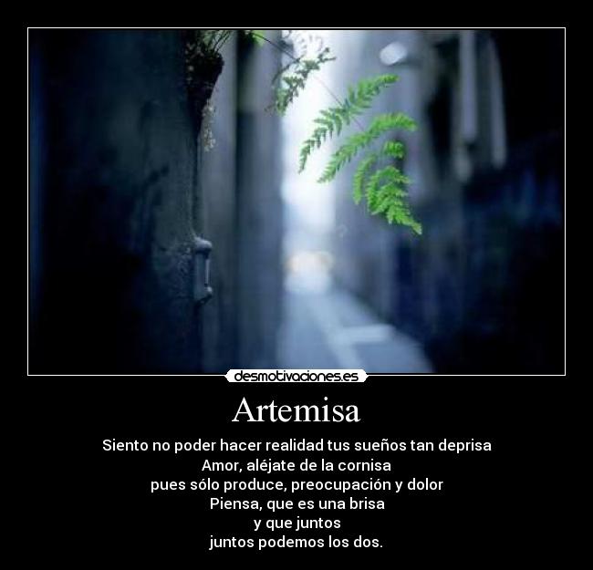 Artemisa - Siento no poder hacer realidad tus sueños tan deprisa
Amor, aléjate de la cornisa
pues sólo produce, preocupación y dolor
Piensa, que es una brisa
y que juntos
juntos podemos los dos.
